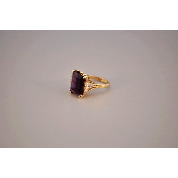 Vintage Estate 14k Solid Gold Natural Amethyst & Diamond Ring Large Emerald Cut - Picture 6 of 8